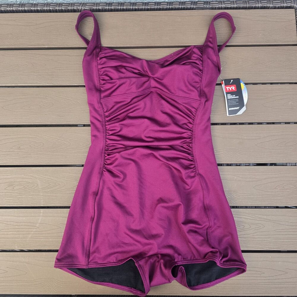 TYR Women's Durfast Solid Burgundy Twisted Jumpsuit One Piece Swimsuit Sz 8 New